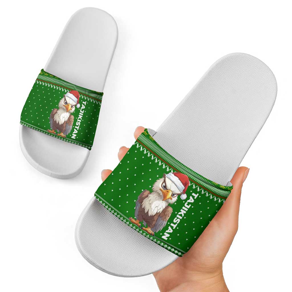 Tajikistan Christmas Slide Sandals with Santa Hat Eagle Green Snowflake Pattern and Holiday Design - Wonder Print Shop
