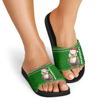 Tajikistan Christmas Slide Sandals with Santa Hat Eagle Green Snowflake Pattern and Holiday Design - Wonder Print Shop