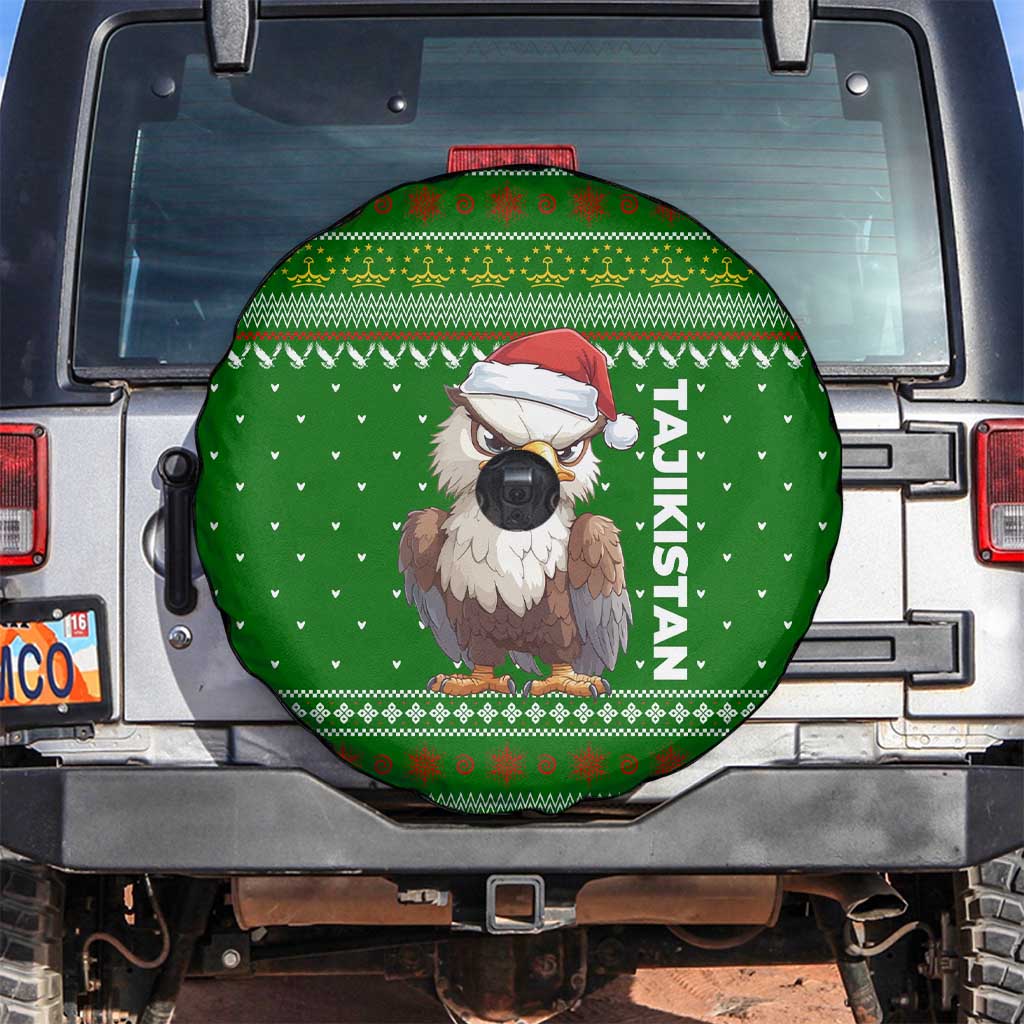 Tajikistan Christmas Spare Tire Cover with Santa Hat Eagle Green Snowflake Pattern and Holiday Design - Wonder Print Shop