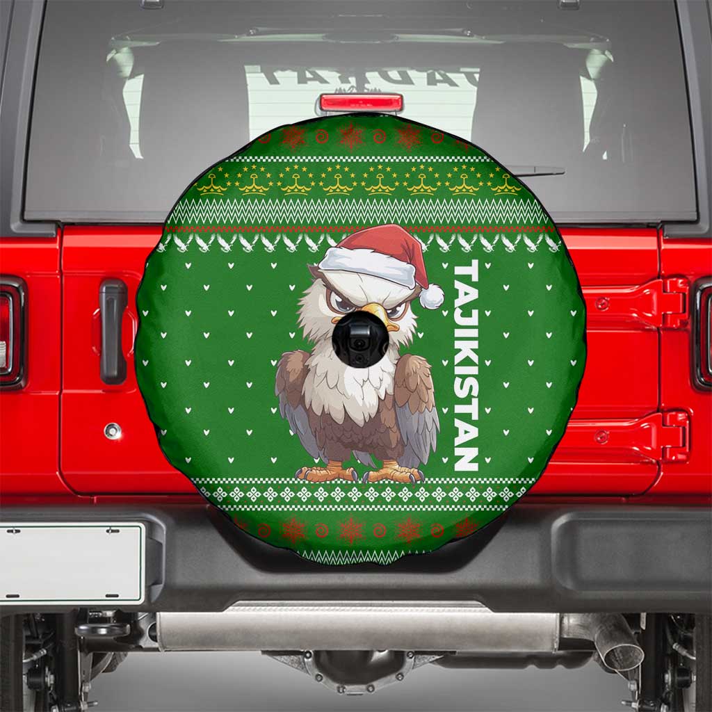 Tajikistan Christmas Spare Tire Cover with Santa Hat Eagle Green Snowflake Pattern and Holiday Design - Wonder Print Shop