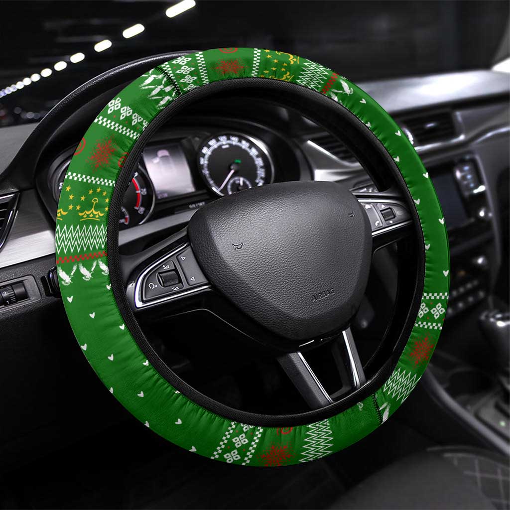 Tajikistan Christmas Steering Wheel Cover with Santa Hat Eagle Green Snowflake Pattern and Holiday Design - Wonder Print Shop