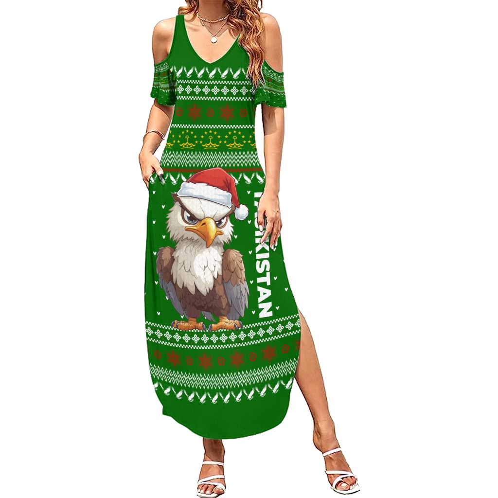 Tajikistan Christmas Summer Maxi Dress with Santa Hat Eagle Green Snowflake Pattern and Holiday Design - Wonder Print Shop