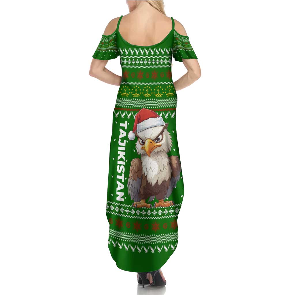 Tajikistan Christmas Summer Maxi Dress with Santa Hat Eagle Green Snowflake Pattern and Holiday Design - Wonder Print Shop