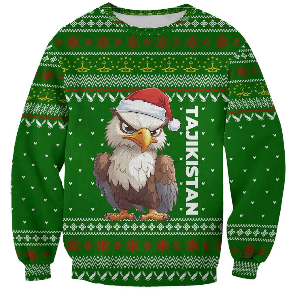 Tajikistan Christmas Sweatshirt with Santa Hat Eagle Green Snowflake Pattern and Holiday Design - Wonder Print Shop