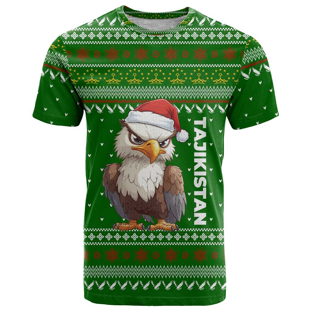Tajikistan Christmas T Shirt with Santa Hat Eagle Green Snowflake Pattern and Holiday Design - Wonder Print Shop