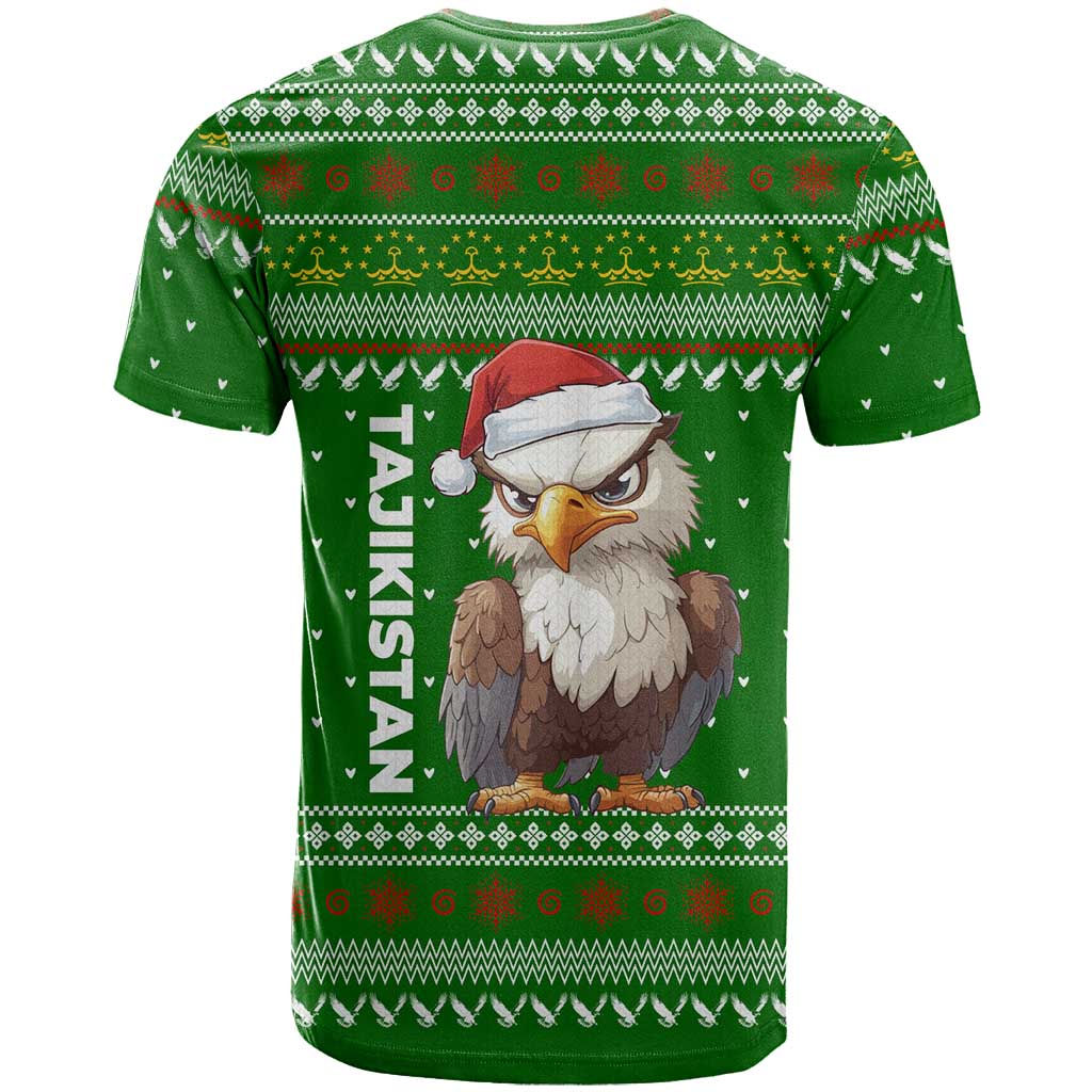 Tajikistan Christmas T Shirt with Santa Hat Eagle Green Snowflake Pattern and Holiday Design - Wonder Print Shop