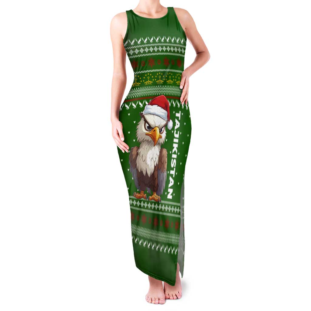 Tajikistan Christmas Tank Maxi Dress with Santa Hat Eagle Green Snowflake Pattern and Holiday Design - Wonder Print Shop