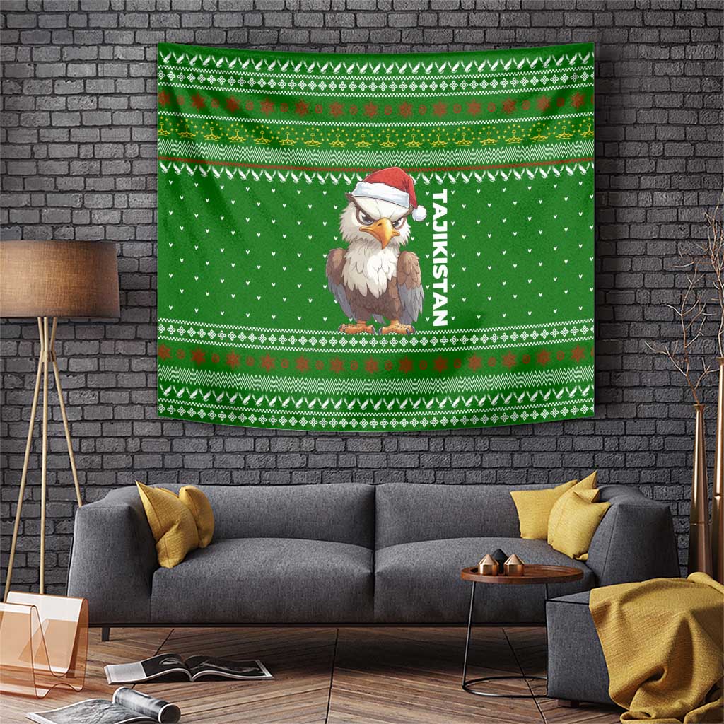 Tajikistan Christmas Tapestry with Santa Hat Eagle Green Snowflake Pattern and Holiday Design - Wonder Print Shop
