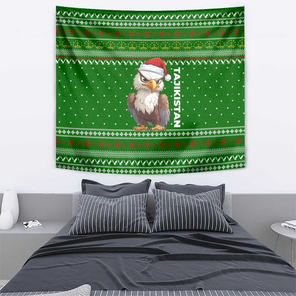 Tajikistan Christmas Tapestry with Santa Hat Eagle Green Snowflake Pattern and Holiday Design - Wonder Print Shop