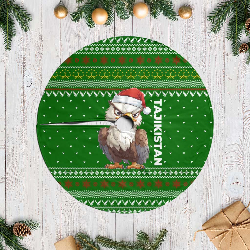 Tajikistan Christmas Tree Skirt with Santa Hat Eagle Green Snowflake Pattern and Holiday Design - Wonder Print Shop