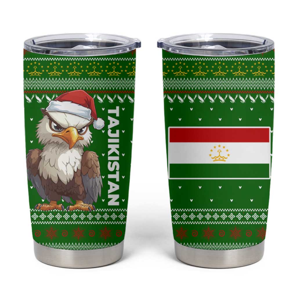 Tajikistan Christmas Tumbler Cup with Santa Hat Eagle Green Snowflake Pattern and Holiday Design - Wonder Print Shop