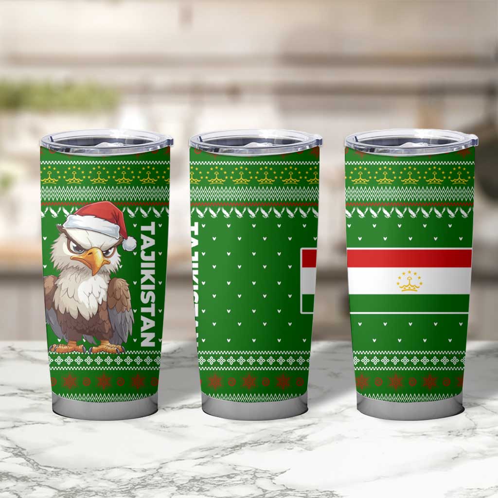 Tajikistan Christmas Tumbler Cup with Santa Hat Eagle Green Snowflake Pattern and Holiday Design - Wonder Print Shop
