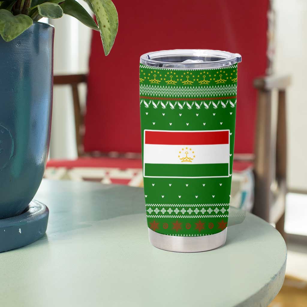 Tajikistan Christmas Tumbler Cup with Santa Hat Eagle Green Snowflake Pattern and Holiday Design - Wonder Print Shop