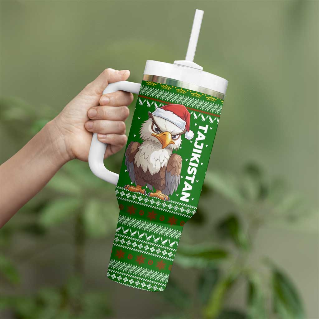Tajikistan Christmas Tumbler With Handle with Santa Hat Eagle Green Snowflake Pattern and Holiday Design - Wonder Print Shop