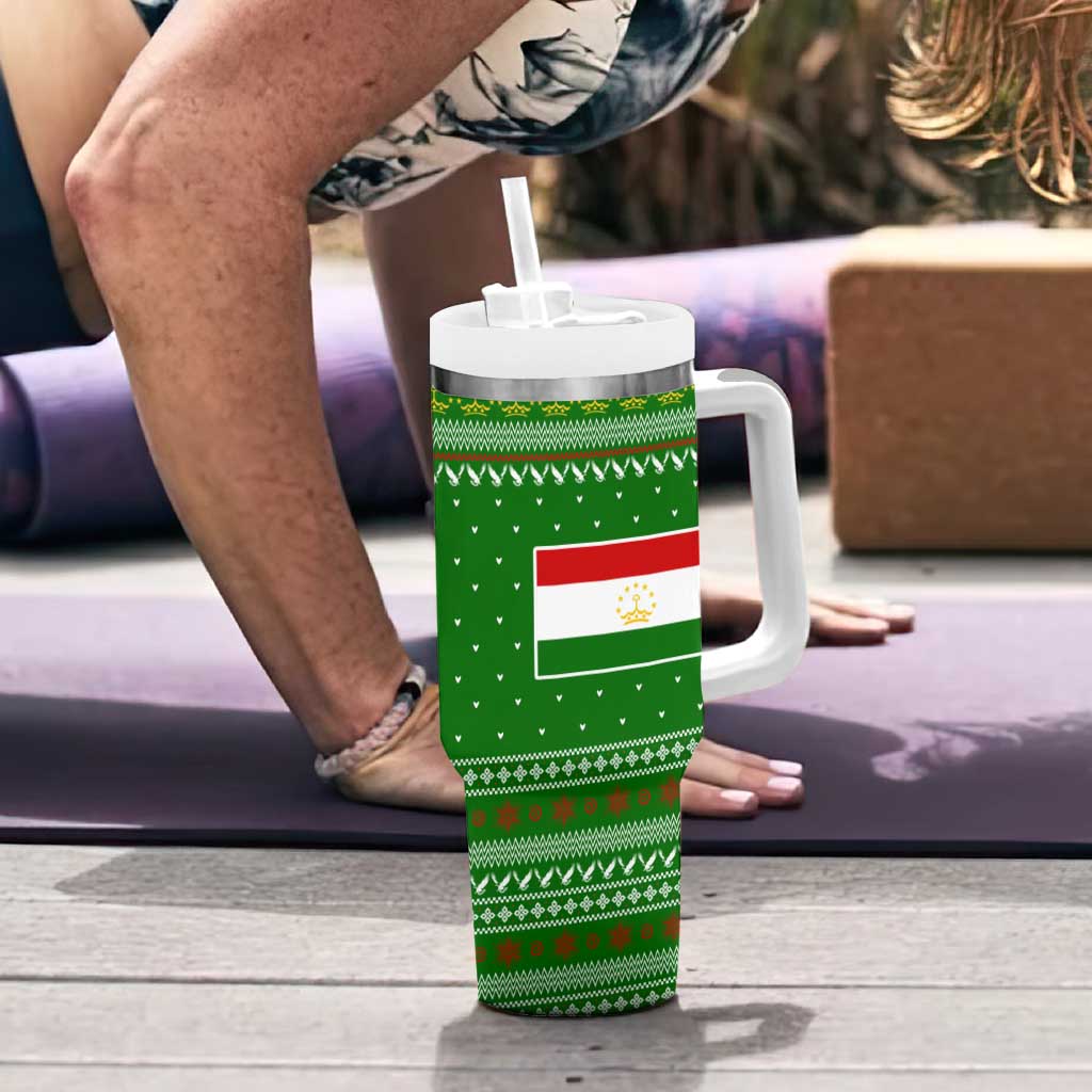 Tajikistan Christmas Tumbler With Handle with Santa Hat Eagle Green Snowflake Pattern and Holiday Design - Wonder Print Shop