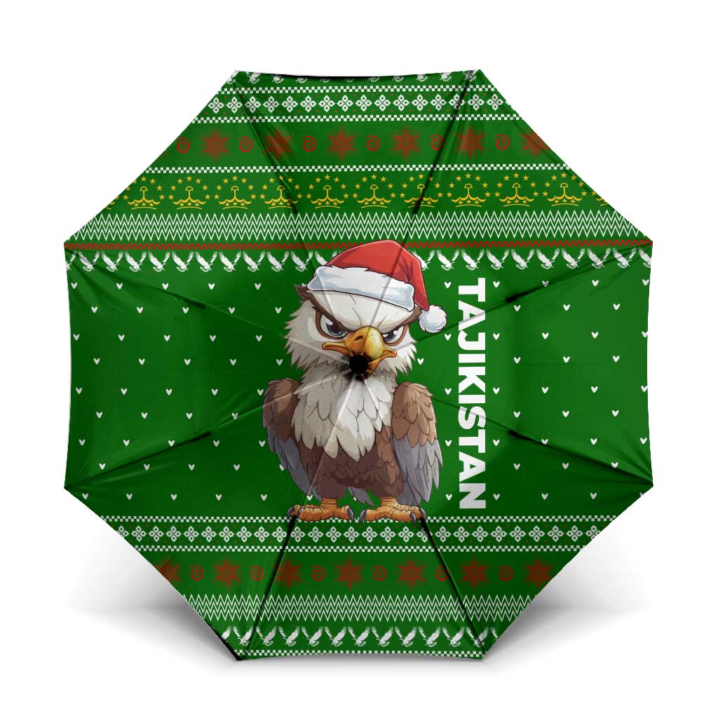 Tajikistan Christmas Umbrella with Santa Hat Eagle Green Snowflake Pattern and Holiday Design - Wonder Print Shop