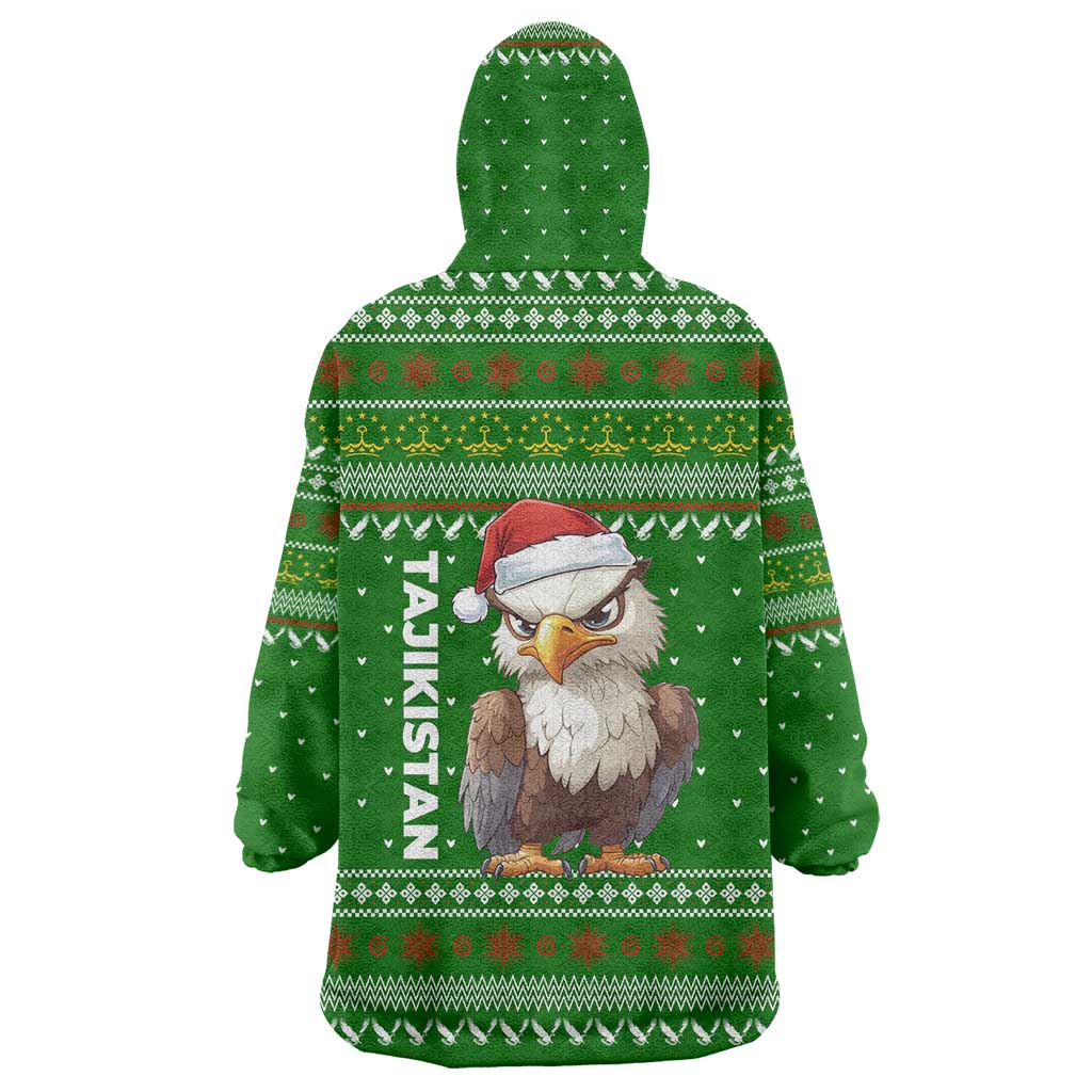 Tajikistan Christmas Wearable Blanket Hoodie with Santa Hat Eagle Green Snowflake Pattern and Holiday Design - Wonder Print Shop