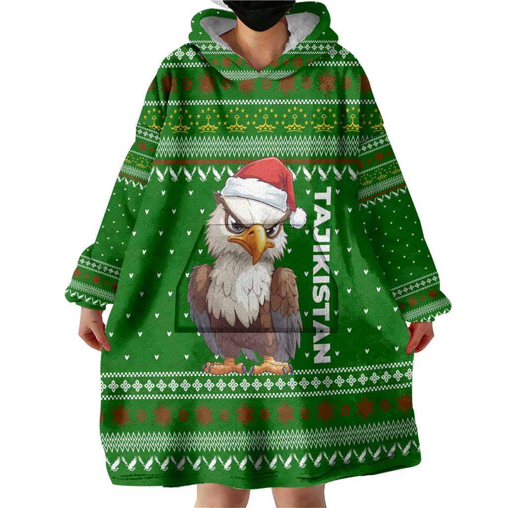 Tajikistan Christmas Wearable Blanket Hoodie with Santa Hat Eagle Green Snowflake Pattern and Holiday Design - Wonder Print Shop