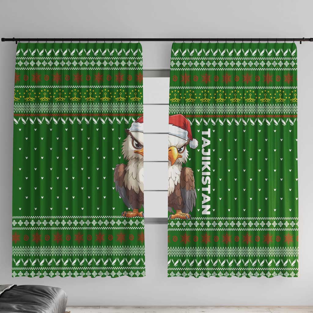 Tajikistan Christmas Window Curtain with Santa Hat Eagle Green Snowflake Pattern and Holiday Design - Wonder Print Shop