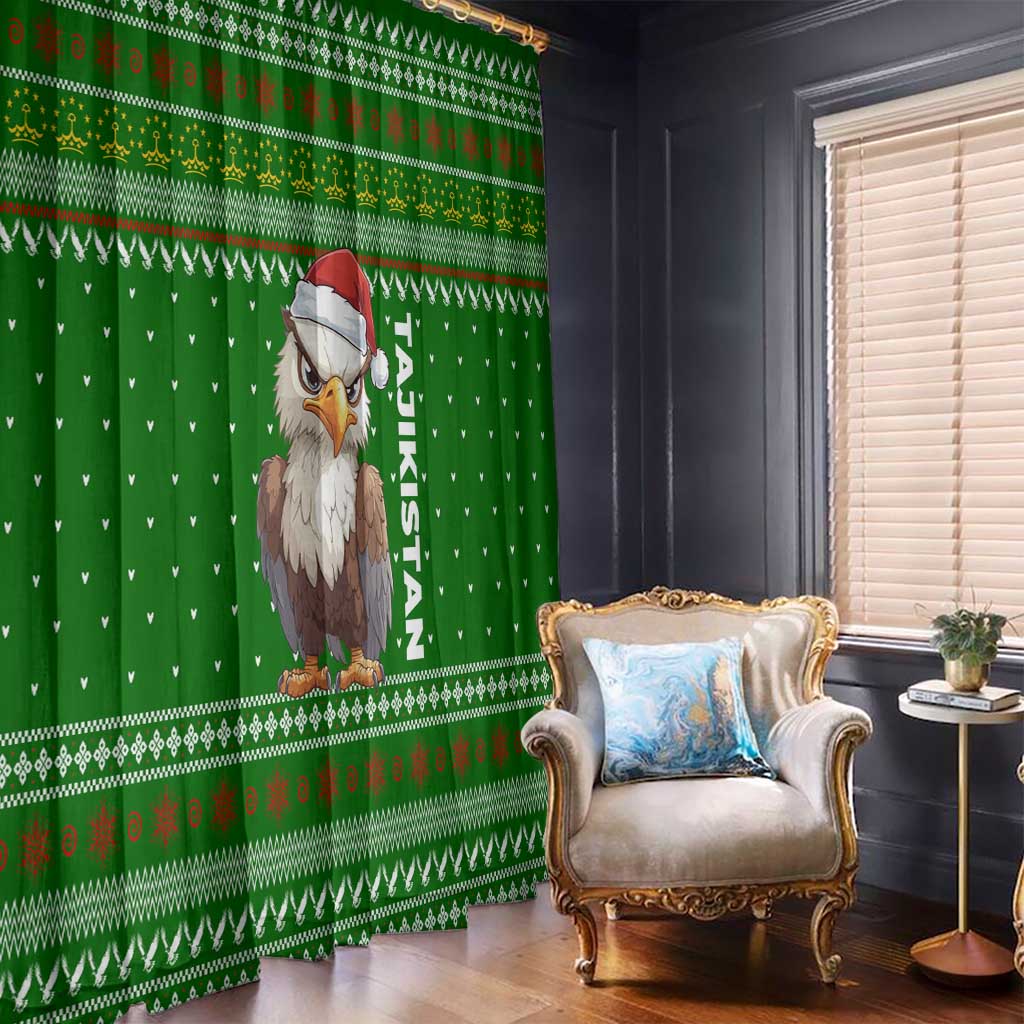 Tajikistan Christmas Window Curtain with Santa Hat Eagle Green Snowflake Pattern and Holiday Design - Wonder Print Shop