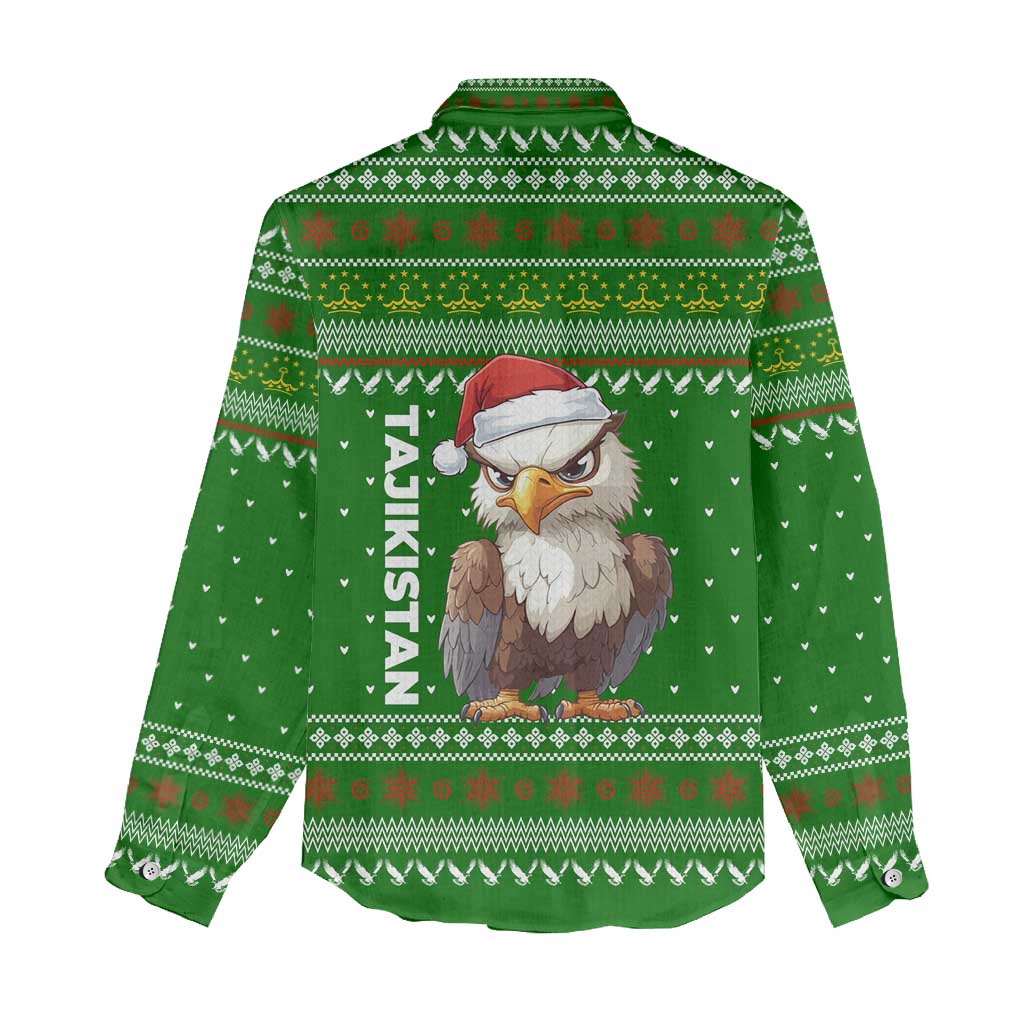 Tajikistan Christmas Women Casual Shirt with Santa Hat Eagle Green Snowflake Pattern and Holiday Design - Wonder Print Shop