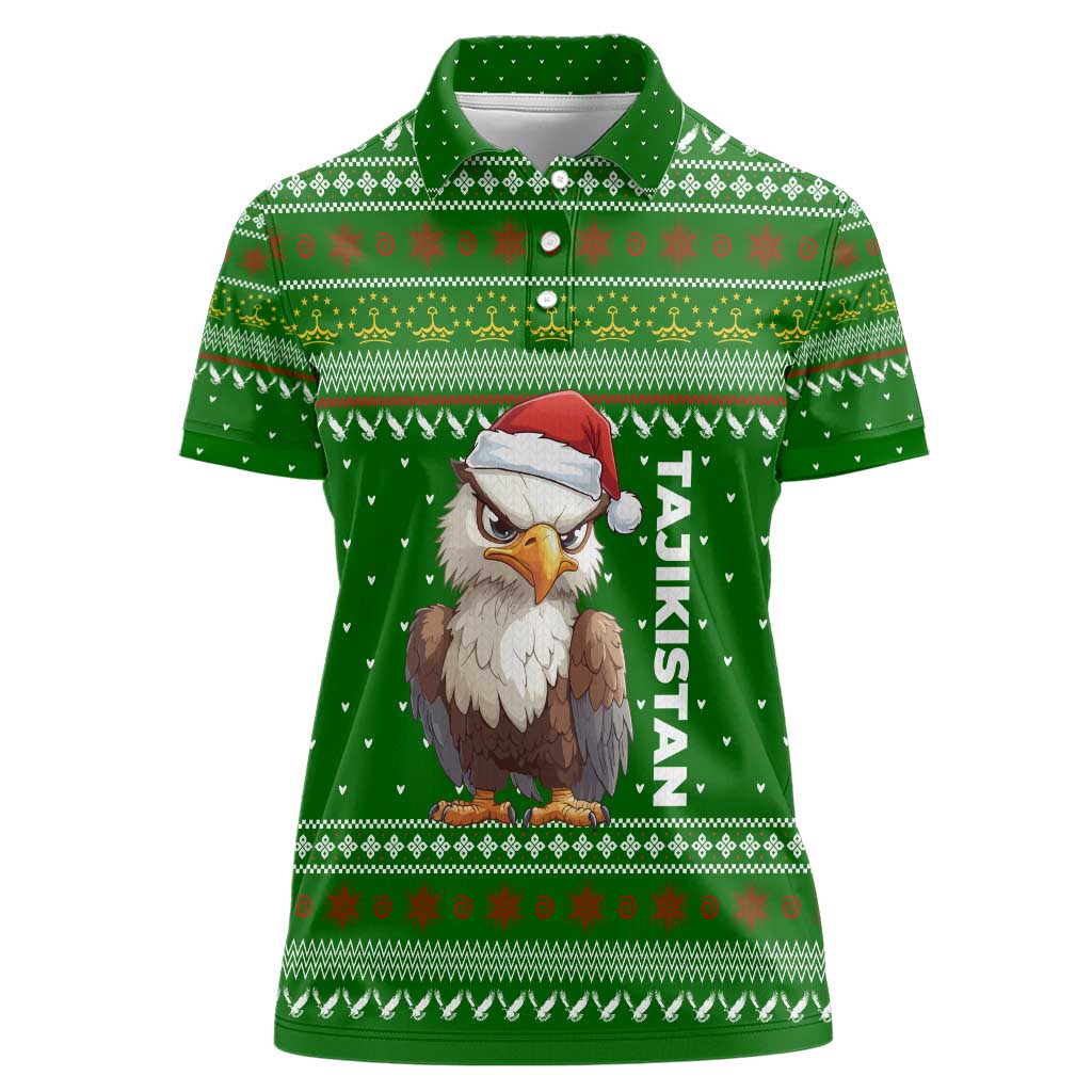 Tajikistan Christmas Women Polo Shirt with Santa Hat Eagle Green Snowflake Pattern and Holiday Design - Wonder Print Shop