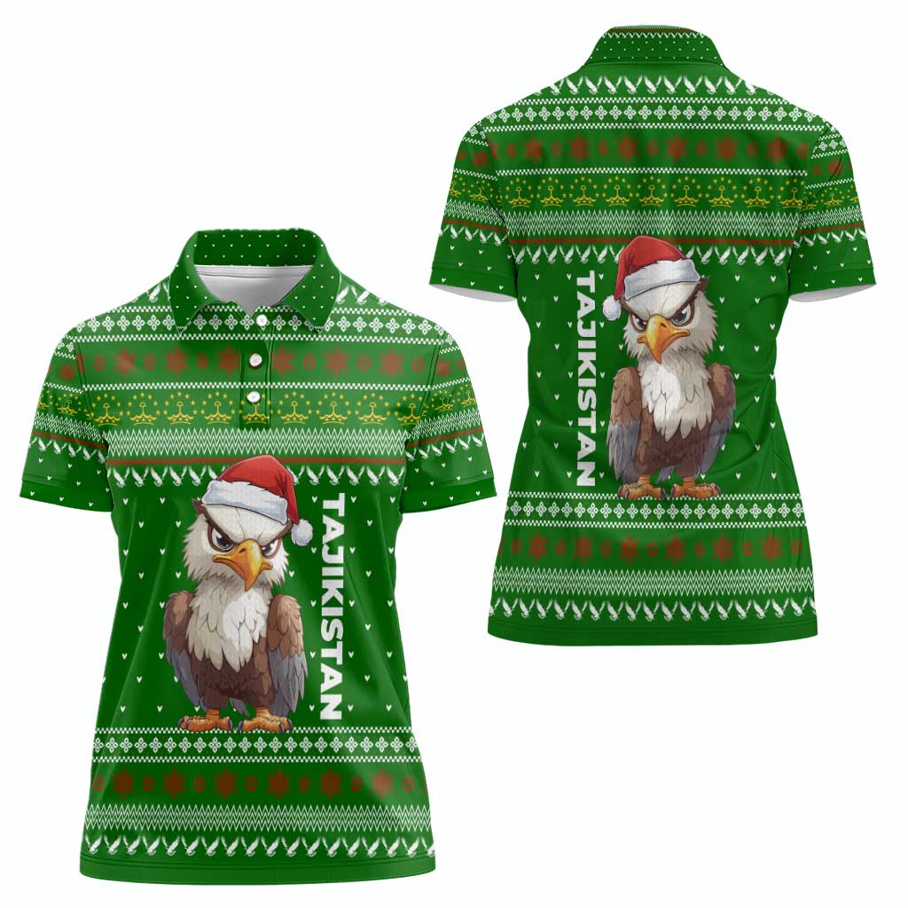 Tajikistan Christmas Women Polo Shirt with Santa Hat Eagle Green Snowflake Pattern and Holiday Design - Wonder Print Shop
