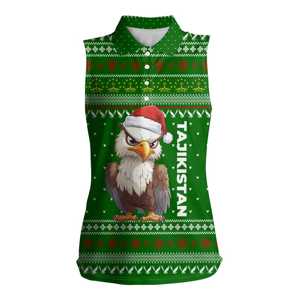 Tajikistan Christmas Women Sleeveless Polo Shirt with Santa Hat Eagle Green Snowflake Pattern and Holiday Design - Wonder Print Shop