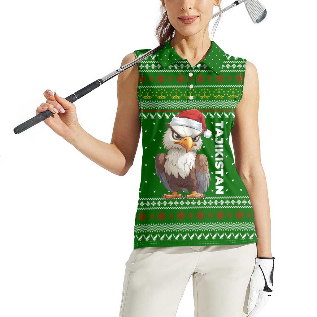 Tajikistan Christmas Women Sleeveless Polo Shirt with Santa Hat Eagle Green Snowflake Pattern and Holiday Design - Wonder Print Shop
