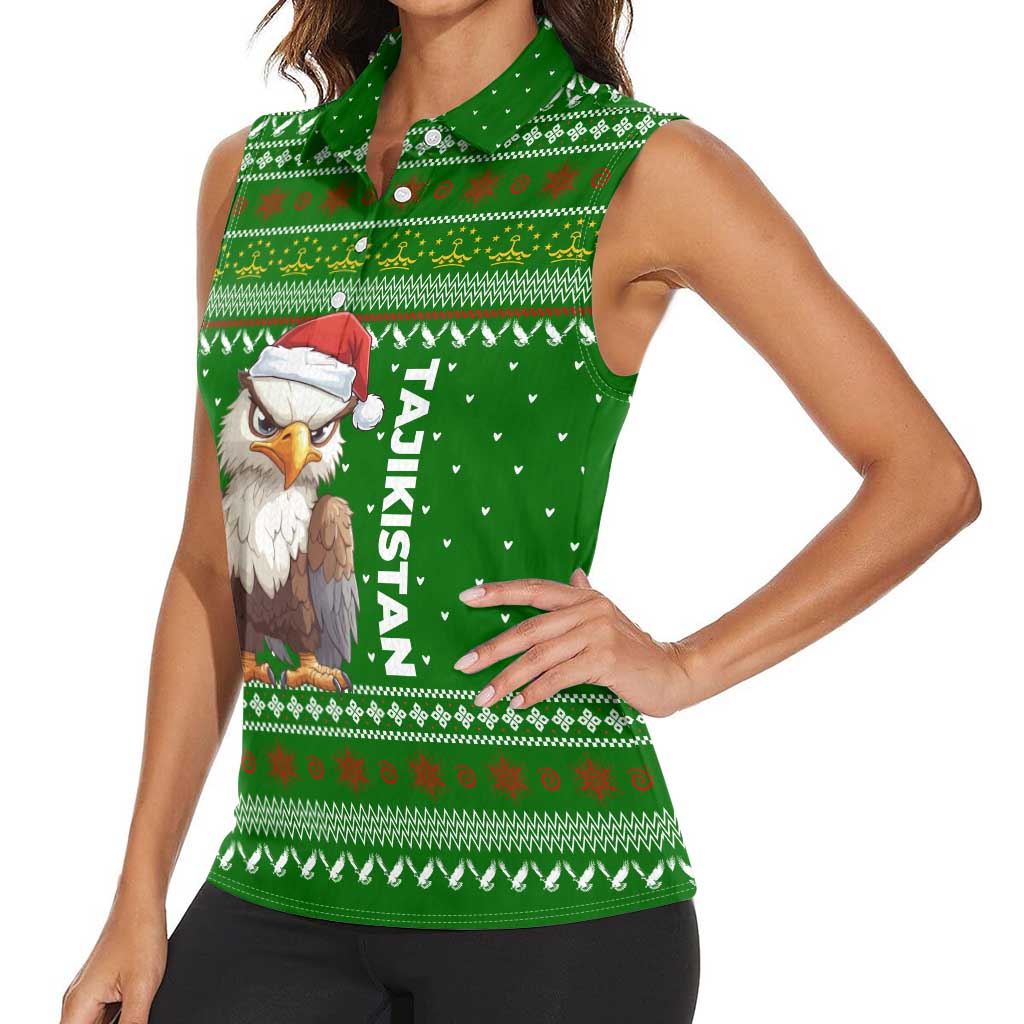 Tajikistan Christmas Women Sleeveless Polo Shirt with Santa Hat Eagle Green Snowflake Pattern and Holiday Design - Wonder Print Shop