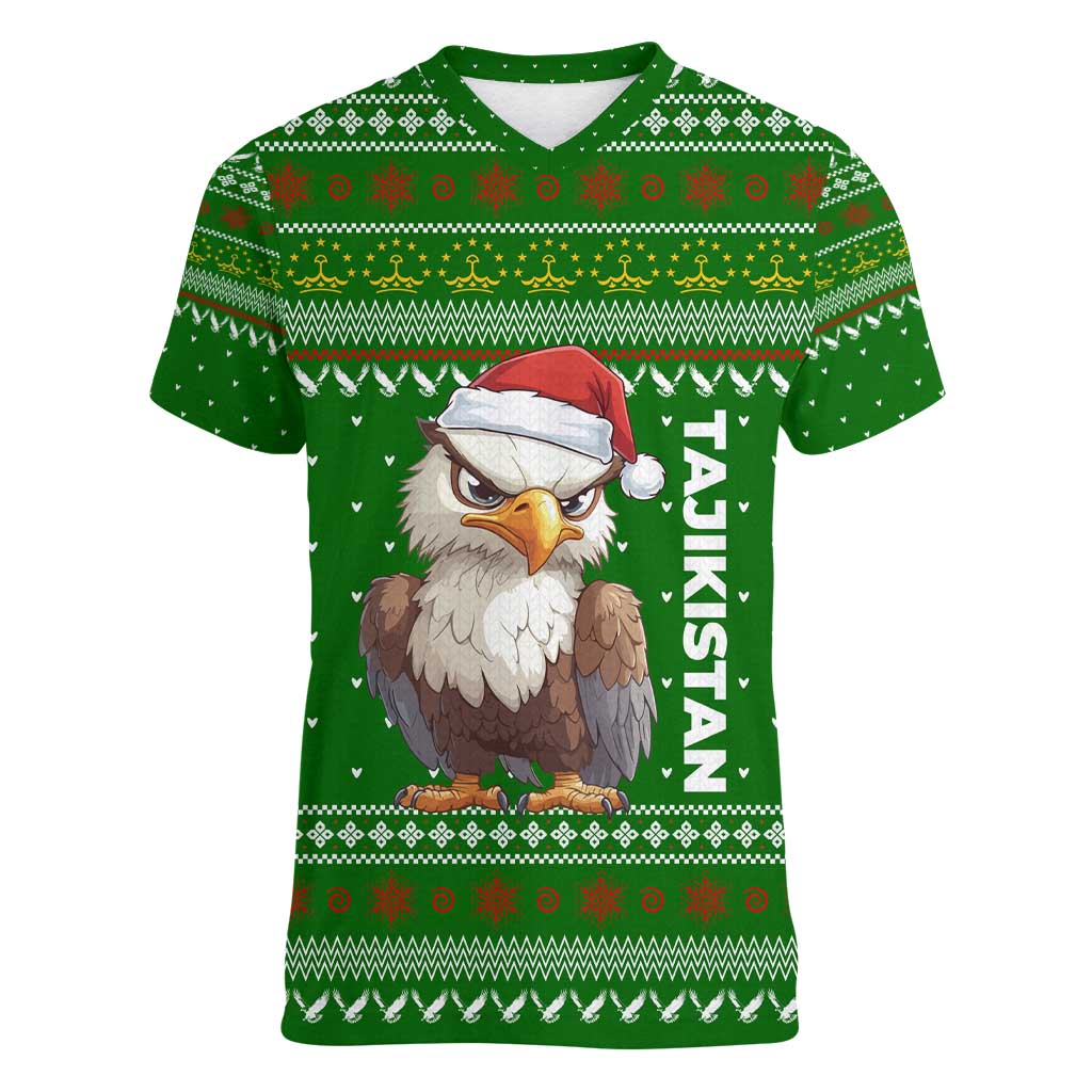 Tajikistan Christmas Women V-Neck T-Shirt with Santa Hat Eagle Green Snowflake Pattern and Holiday Design - Wonder Print Shop