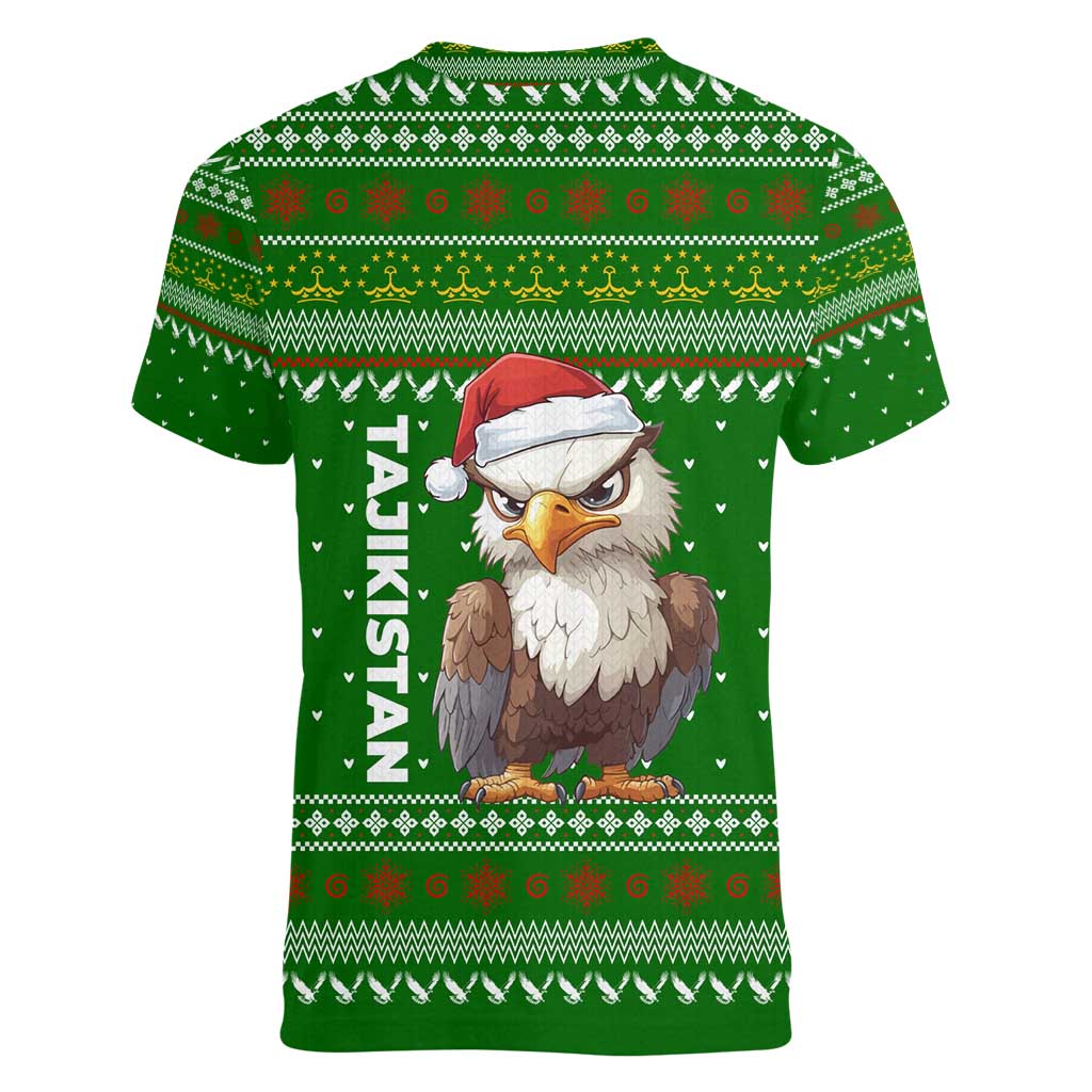 Tajikistan Christmas Women V-Neck T-Shirt with Santa Hat Eagle Green Snowflake Pattern and Holiday Design - Wonder Print Shop
