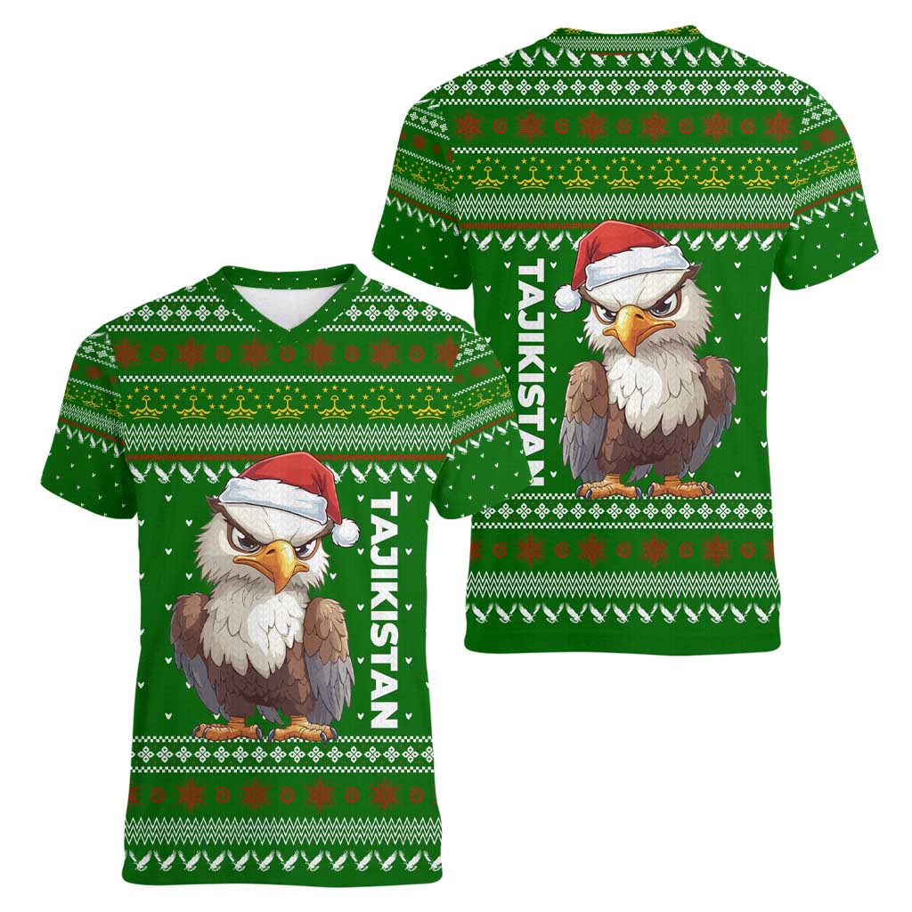 Tajikistan Christmas Women V-Neck T-Shirt with Santa Hat Eagle Green Snowflake Pattern and Holiday Design - Wonder Print Shop