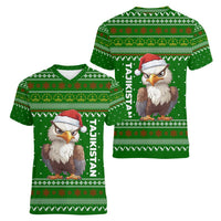 Tajikistan Christmas Women V-Neck T-Shirt with Santa Hat Eagle Green Snowflake Pattern and Holiday Design - Wonder Print Shop