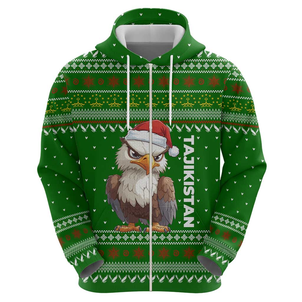 Tajikistan Christmas Zip Hoodie with Santa Hat Eagle Green Snowflake Pattern and Holiday Design - Wonder Print Shop