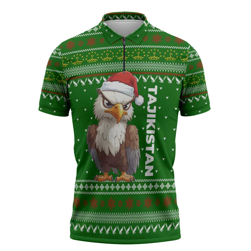 Tajikistan Christmas Zipper Polo Shirt with Santa Hat Eagle Green Snowflake Pattern and Holiday Design - Wonder Print Shop