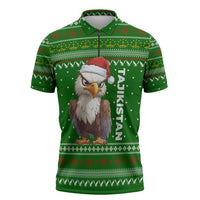 Tajikistan Christmas Zipper Polo Shirt with Santa Hat Eagle Green Snowflake Pattern and Holiday Design - Wonder Print Shop