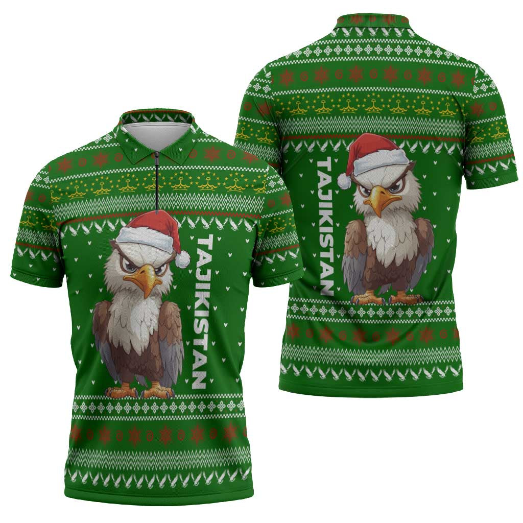 Tajikistan Christmas Zipper Polo Shirt with Santa Hat Eagle Green Snowflake Pattern and Holiday Design - Wonder Print Shop