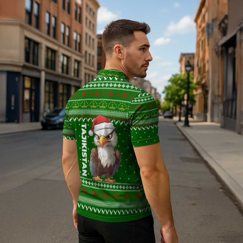 Tajikistan Christmas Zipper Polo Shirt with Santa Hat Eagle Green Snowflake Pattern and Holiday Design - Wonder Print Shop
