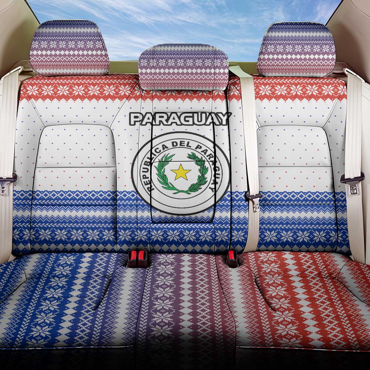 Paraguay Christmas Back Car Seat Cover with Red-White-Blue Design, National Seal, and Santa Motif - Wonder Print Shop