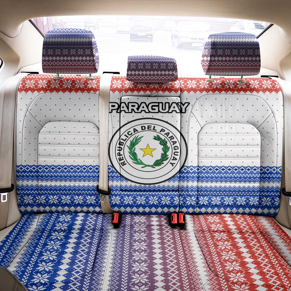 Paraguay Christmas Back Car Seat Cover with Red-White-Blue Design, National Seal, and Santa Motif - Wonder Print Shop