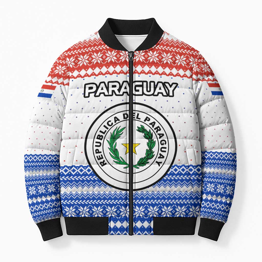 Paraguay Christmas Bomber Puffer Jacket with Red-White-Blue Design, National Seal, and Santa Motif - Wonder Print Shop