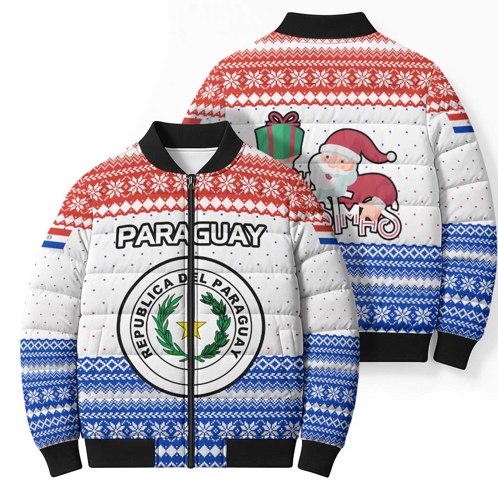 Paraguay Christmas Bomber Puffer Jacket with Red-White-Blue Design, National Seal, and Santa Motif - Wonder Print Shop