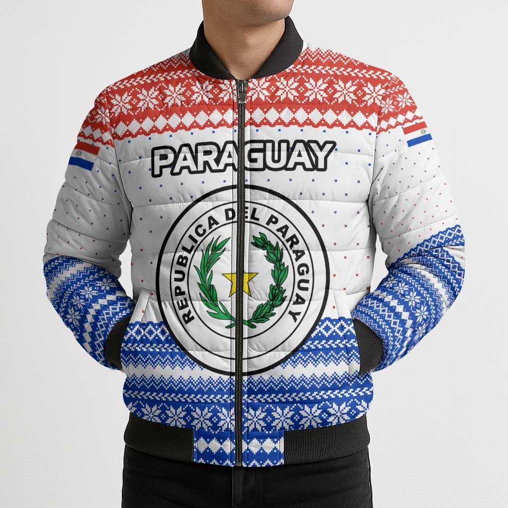 Paraguay Christmas Bomber Puffer Jacket with Red-White-Blue Design, National Seal, and Santa Motif - Wonder Print Shop