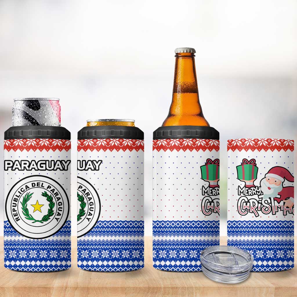 Paraguay Christmas 4 in 1 Can Cooler Tumbler with Red-White-Blue Design, National Seal, and Santa Motif - Wonder Print Shop