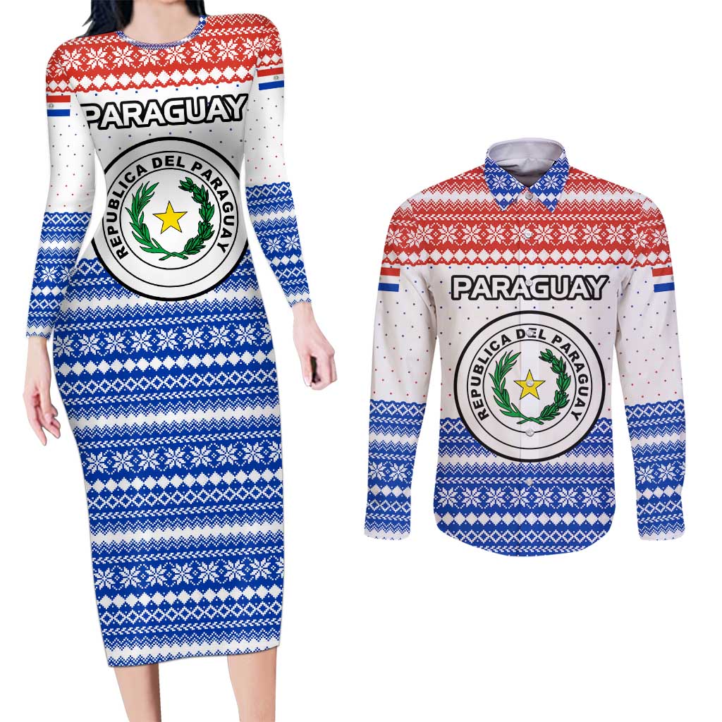 Paraguay Christmas Couples Matching Long Sleeve Bodycon Dress and Long Sleeve Button Shirt with Red-White-Blue Design, National Seal, and Santa Motif - Wonder Print Shop