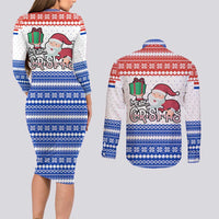 Paraguay Christmas Couples Matching Long Sleeve Bodycon Dress and Long Sleeve Button Shirt with Red-White-Blue Design, National Seal, and Santa Motif - Wonder Print Shop