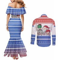 Paraguay Christmas Couples Matching Mermaid Dress and Long Sleeve Button Shirt with Red-White-Blue Design, National Seal, and Santa Motif - Wonder Print Shop