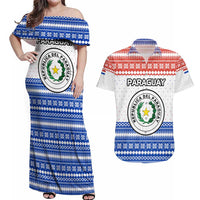 Paraguay Christmas Couples Matching Off Shoulder Maxi Dress and Hawaiian Shirt with Red-White-Blue Design, National Seal, and Santa Motif - Wonder Print Shop