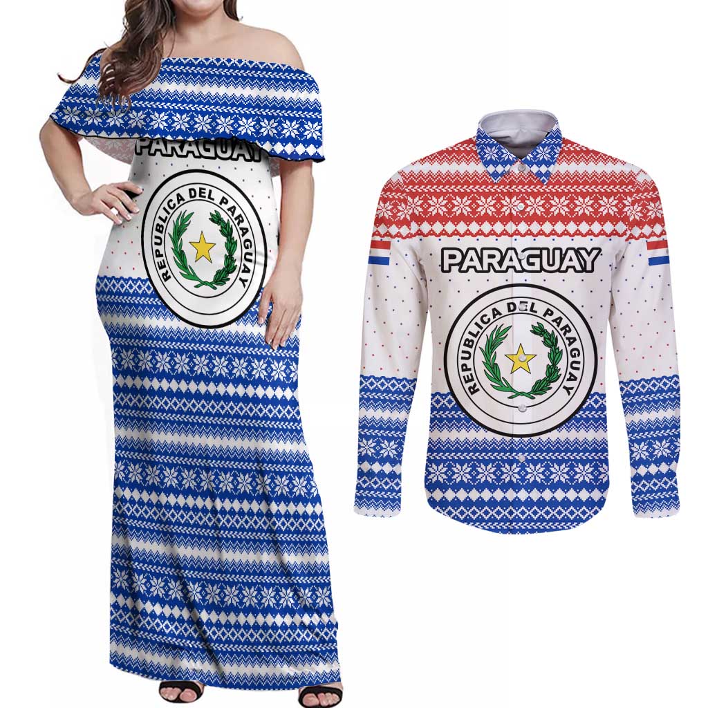 Paraguay Christmas Couples Matching Off Shoulder Maxi Dress and Long Sleeve Button Shirt with Red-White-Blue Design, National Seal, and Santa Motif - Wonder Print Shop